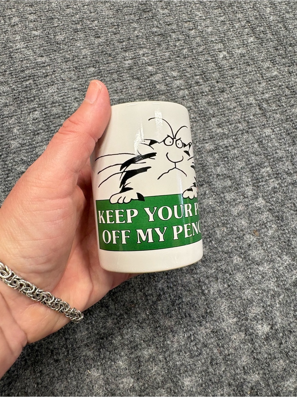 White Ceramic Pencil Cup with Green Accent - Humorous Desk Organizer